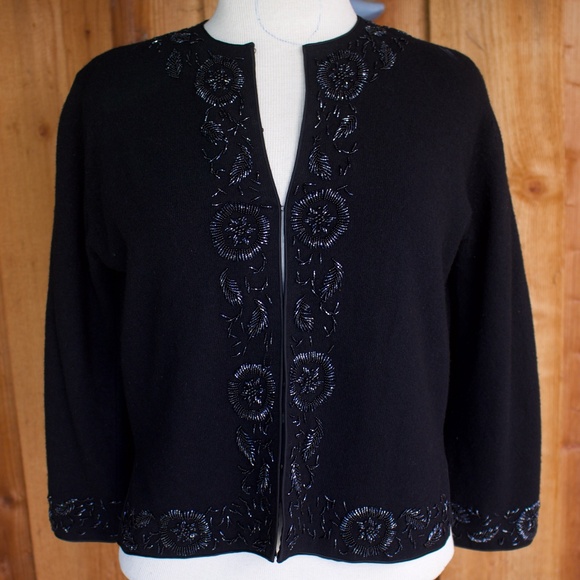 Vintage 60's Jeri-Jo Black Beaded Lambswool/Angora Blend Knit Cardigan Size 38 - Picture 1 of 16